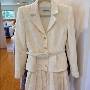 Self Portrait White Tweed Belted Blazer Pleated Skirt Dress with Diamond Buttons